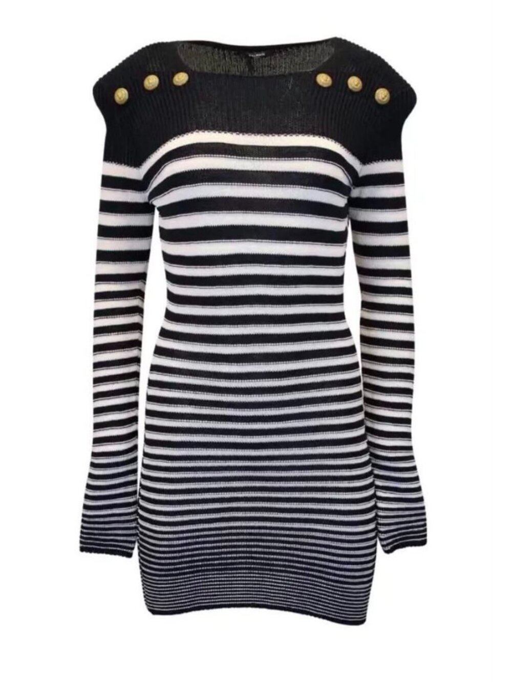 NWT $2720 Balmain Long Sleeve Striped Button Knit Mini Dress Black White Size 8